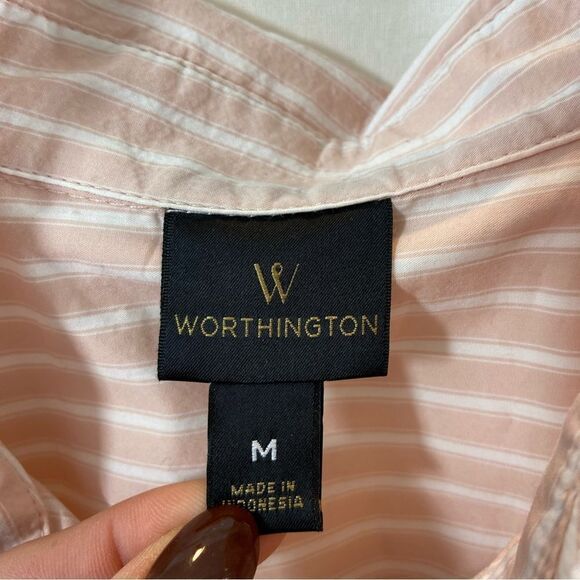 Worthington Brand ladies Button‎ Down Peach and White Striped Top Size Medium - Picture 9 of 10